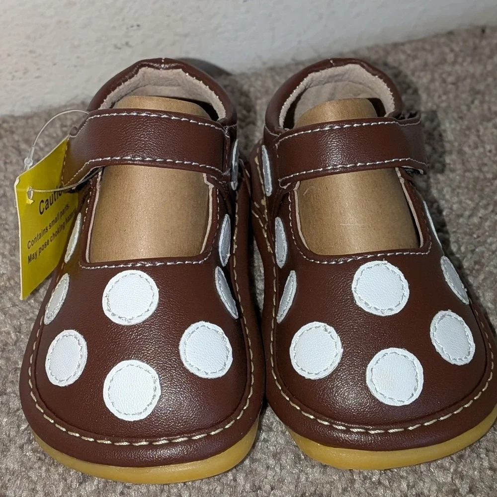Little Mae's Boutique Brown Polka Dot Squeaky Mary Jane Shoes First Walkers 3